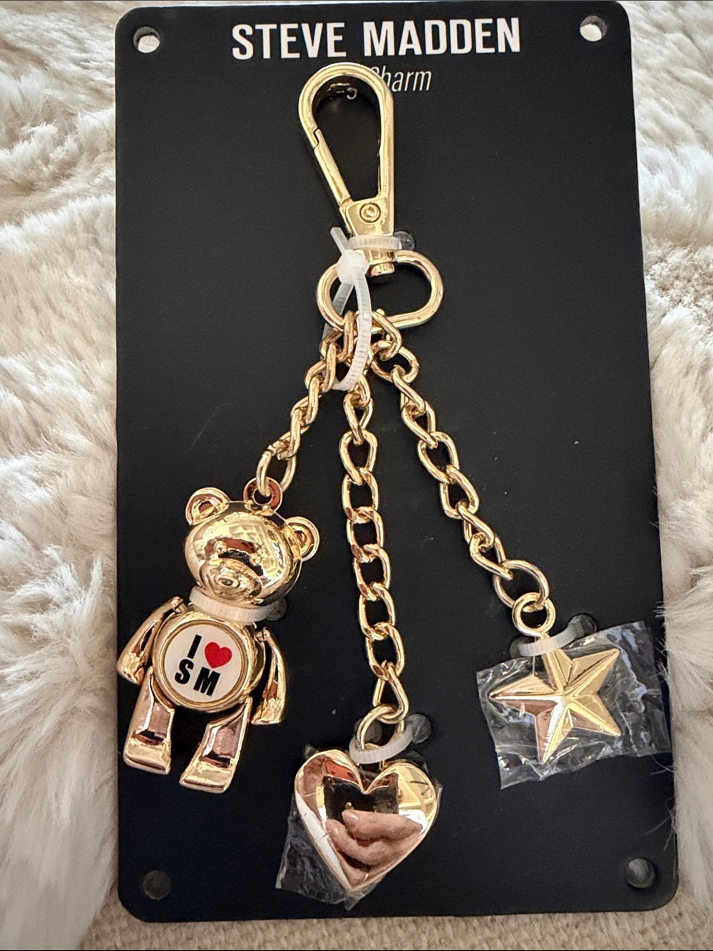 New Steve Madden Gold-Tone Multi-Charm Keychain / Bag Charm (Bear, Heart, Star)